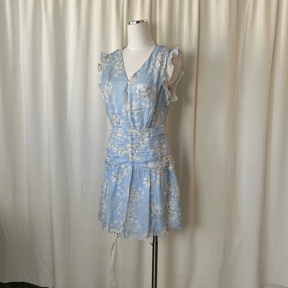 Intermix Vintage Vibe Light Blue Floral Silk Mini Dress Ruffled & Ruched - Picture 2 of 13